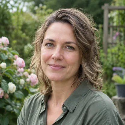 Portret van een vrouw met kort grijs haar in een tuin met rozen op de achtergrond