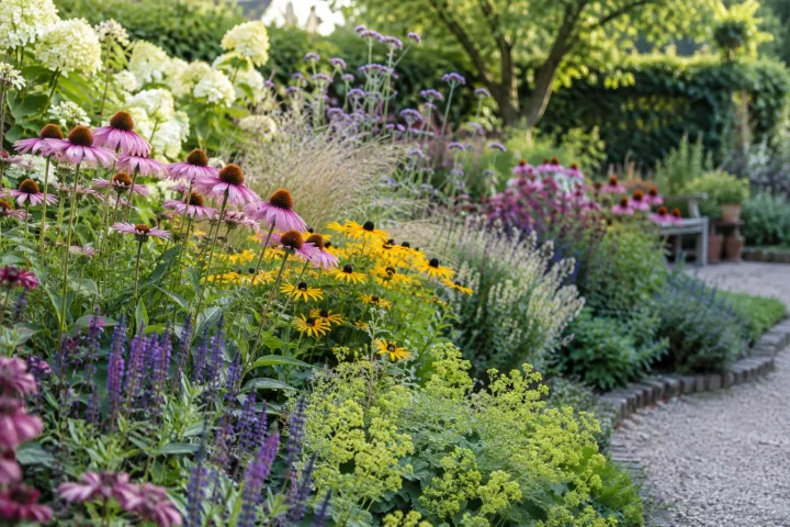 Zomerse bloeiende border met rudbeckia, echinacea, salie en rozige hortensia's langs grindpad