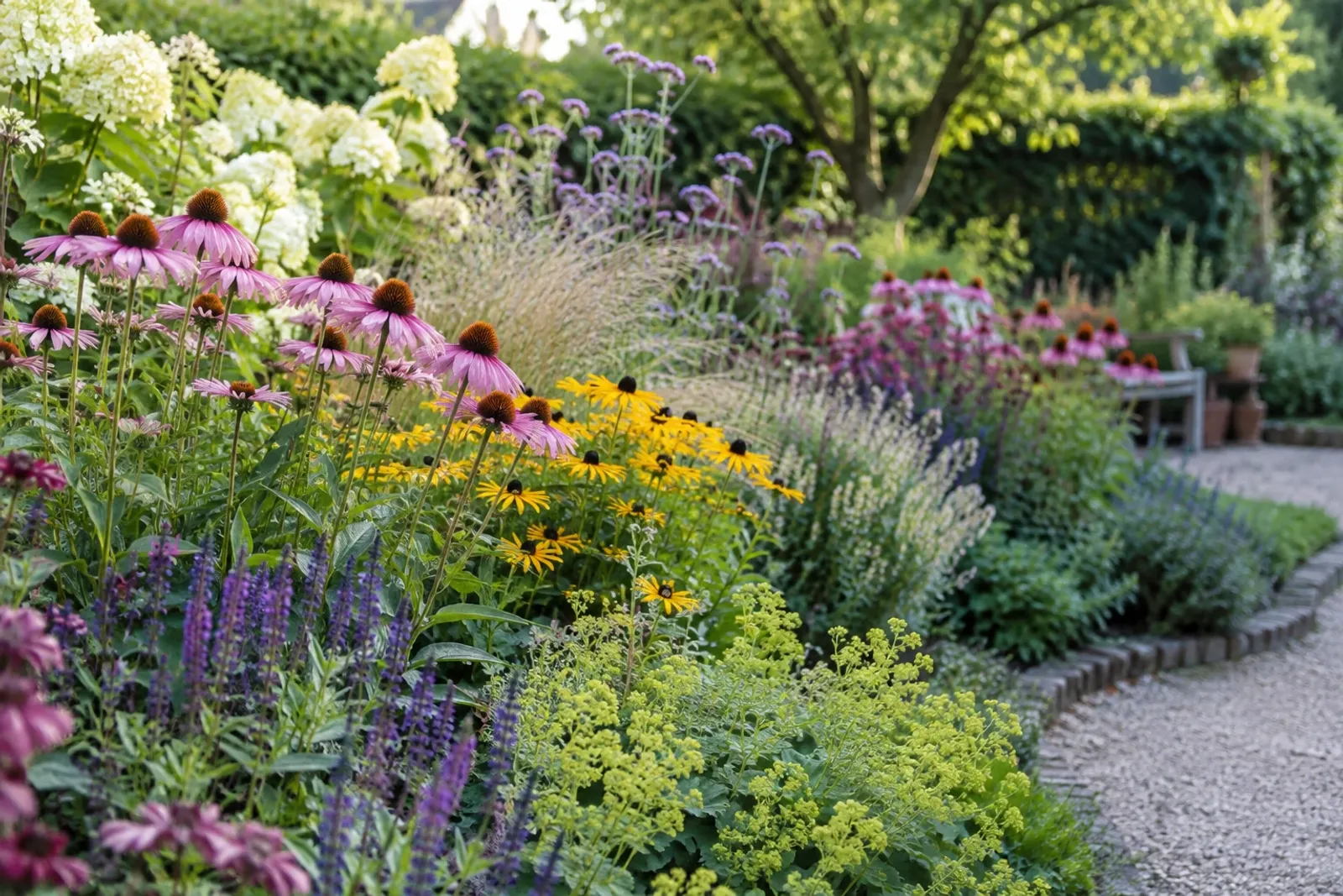 Zomerse bloeiende border met rudbeckia, echinacea, salie en rozige hortensia's langs grindpad