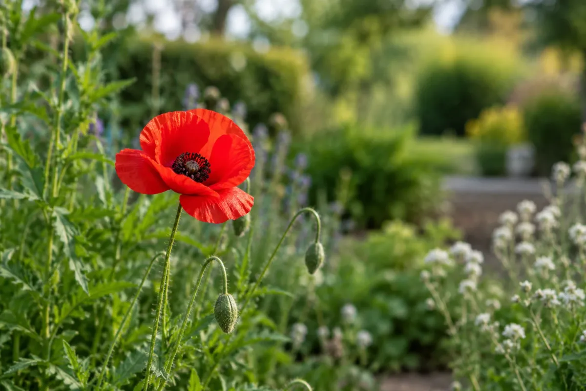 Rode klaproos met twee nog gesloten bloemknoppen in zonovergoten tuinbed