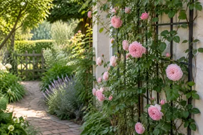 Roze klimrozen tegen metalen klimrek langs zonnig stenen tuinpad