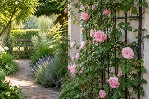 Roze klimrozen tegen metalen klimrek langs zonnig stenen tuinpad