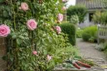 Roze klimrozen langs een muur, snoeischaar en afgesneden takken op houten bankje