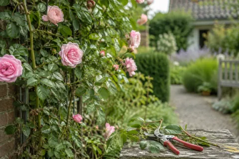 Roze klimrozen langs een muur, snoeischaar en afgesneden takken op houten bankje