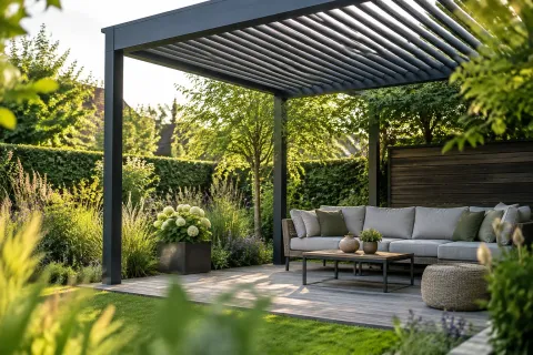 Aluminium pergola met louvredak boven loungeset en houten vlonder in groene tuin