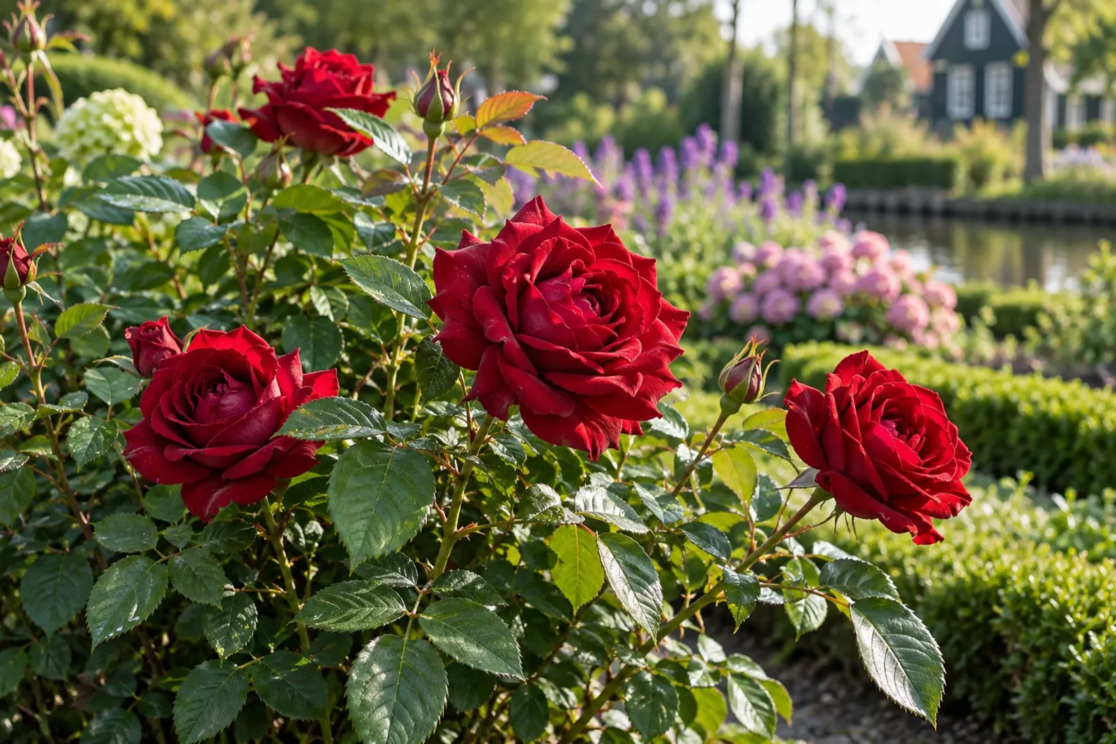 Dieprode rozen in bloei in zonlicht bij een verzorgde tuin en waterpartij