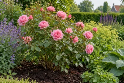 Gezonde struikrozen met roze bloemen in een zonnige, mulchgazonborder