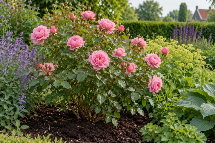 Gezonde struikrozen met roze bloemen in een zonnige, mulchgazonborder