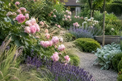 Roze rozen tussen paarse lavendel en siergrassen langs een kiezelpaden tuinpad