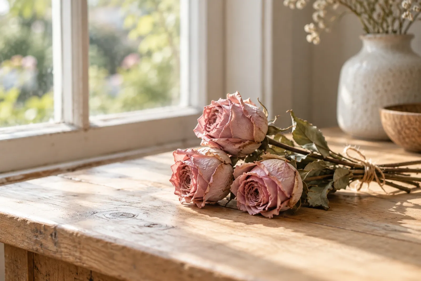 Gedroogde roze rozen op houten tafel bij zonnig raam, vaas op de achtergrond