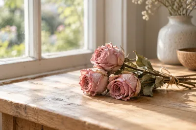 Gedroogde roze rozen op houten tafel bij zonnig raam, vaas op de achtergrond