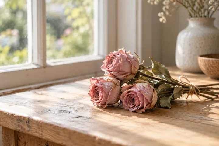 Gedroogde roze rozen op houten tafel bij zonnig raam, vaas op de achtergrond