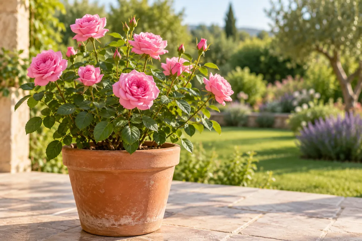 Roze bloeiende rozenstruik in terracotta pot op zonnig terras met groene tuin