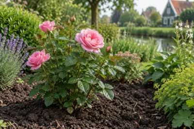 Rozenstruik met roze bloemen geplant in donkere tuingrond bij vijver en huizen