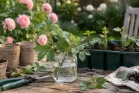 Rozenstekken in glaswater op tuintafel, schepje, potjes en tray met aarde