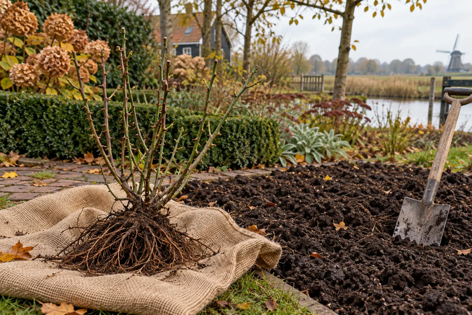 Ontwortelde rozenstruik op jutezak naast schop en vers omgeploegd plantbed