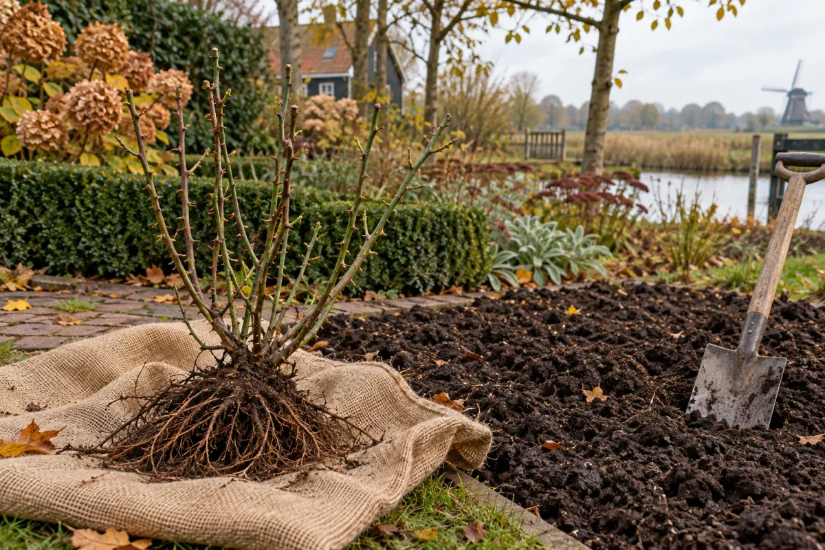 Ontwortelde rozenstruik op jutezak naast schop en vers omgeploegd plantbed