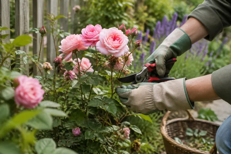 Tuinier met handschoenen snoeit roze rozen met snoeischaar naast gevlochten mand