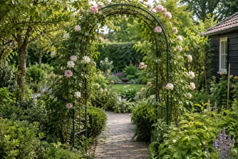 Smeedijzeren rozenboog met klimrozen boven een klinkerpad in groene tuin