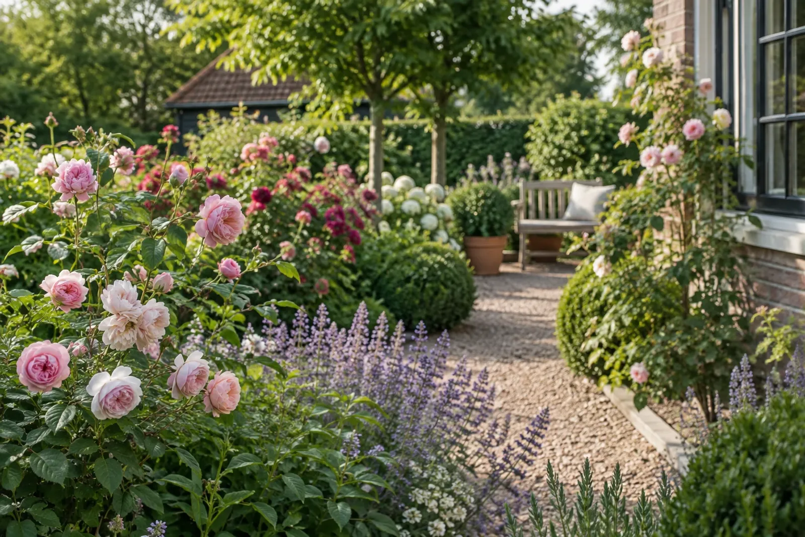 Rozenborder met lichtroze rozen, lavendel en zittplek bij een grindpad