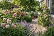 Rozenborder met lichtroze rozen, lavendel en zittplek bij een grindpad