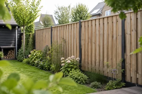 Strakke houten schutting met metalen stijlen naast groene tuin en borders