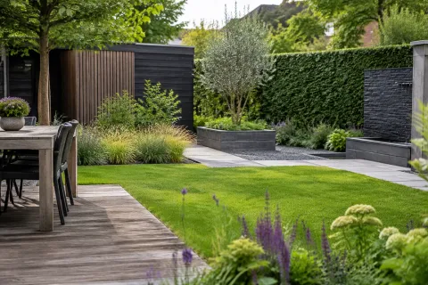 Moderne achtertuin met houten terras, strak gazon, verhoogde plantenbakken en siergrassen