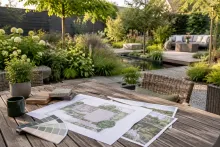 Tuinontwerptekeningen en kleurstalen op houten tafel in zonnige, groene achtertuin met loungeplek