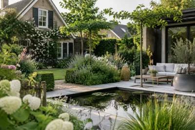 Tuin met vijver, terrasbank en cottage-huis, bloeiende struiken en omliggend groen