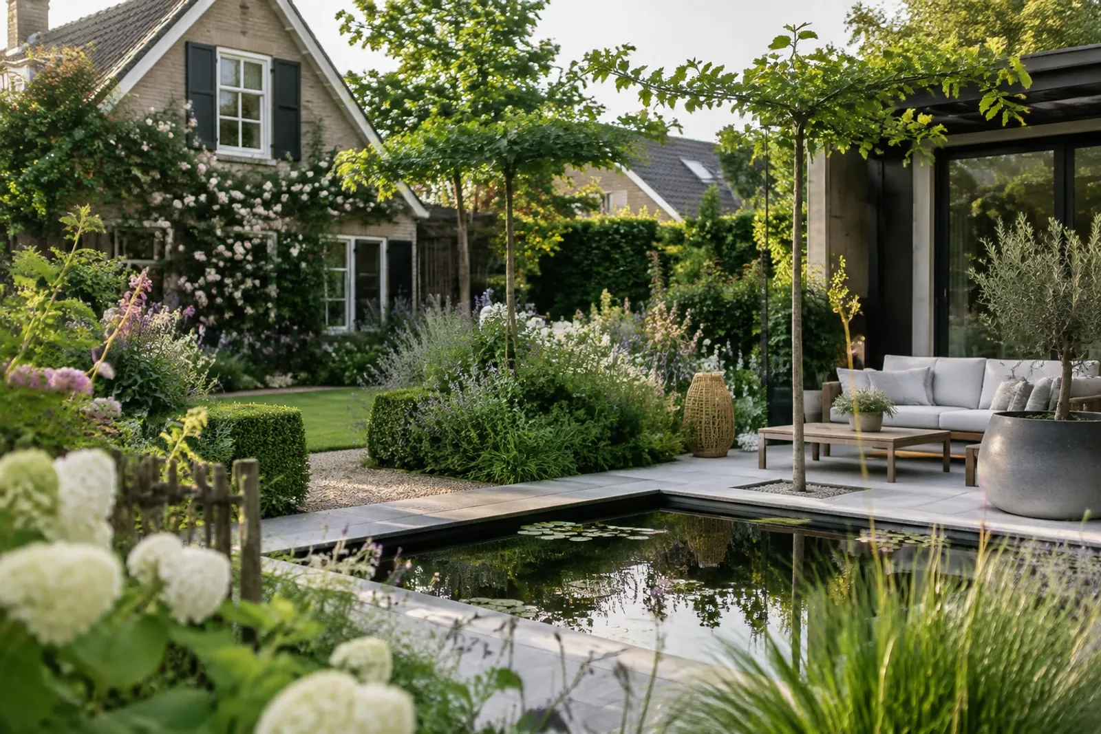 Tuin met vijver, terrasbank en cottage-huis, bloeiende struiken en omliggend groen