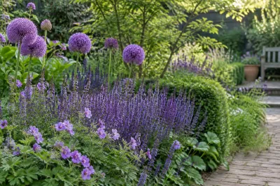 Tuinborder met alliums, salvia en paarse geraniums langs een zonnig pad
