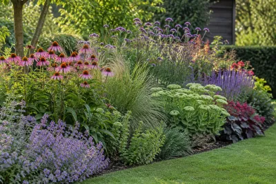 Kleurige border met zonnehoed, kattestaart, siergrassen en rozemarijnachtige bodembedekkers