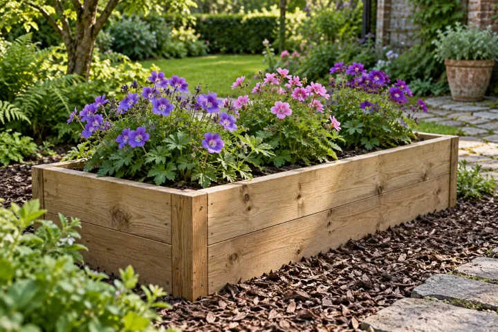 Houten verhoogde border met paarse en roze geraniums in zonnige tuinomgeving