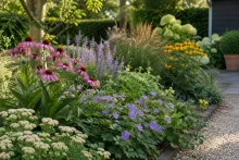 Borderbeplanting met bloeiende zonnehoed, geraniums, salie en vlambloem in zonlicht
