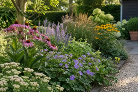 Borderbeplanting met bloeiende zonnehoed, geraniums, salie en vlambloem in zonlicht